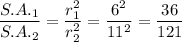 \dfrac{S.A._1}{S.A._2}=\dfrac{r_1^2}{r_2^2}=\dfrac{6^2}{11^2}=\dfrac{36}{121}