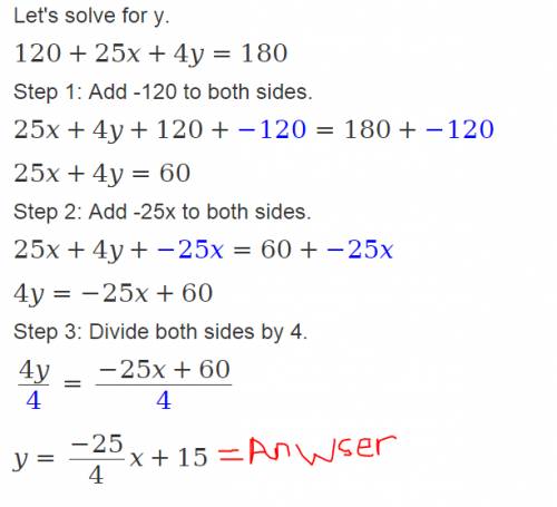 How do you solve the problem:  120+25x+4y=180  explain