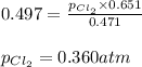 0.497=\frac{p_{Cl_2}\times 0.651}{0.471}\\\\p_{Cl_2}=0.360atm
