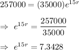 257000=(35000)e^{15r}\\\\\Rightarrow\ e^{15r}=\dfrac{257000}{35000}\\\\\Rightarrow\ e^{15r}=7.3428