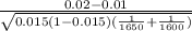 \frac{0.02-0.01}{\sqrt{0.015(1-0.015)(\frac{1}{1650}+\frac{1}{1600})}}
