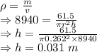 \rho=\frac{m}{v}\\\Rightarrow 8940=\frac{61.5}{\pi r^2h}\\\Rightarrow h=\frac{61.5}{\pi 0.262^2\times 8940}\\\Rightarrow h=0.031\ m