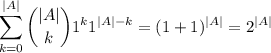 \displaystyle\sum_{k=0}^{|A|}\binom{|A|}k1^k1^{|A|-k}=(1+1)^{|A|}=2^{|A|}