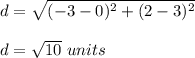 d=\sqrt{(-3-0)^2+(2-3)^2}\\\\d=\sqrt{10}\ units