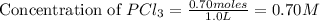 \text{Concentration of }PCl_3=\frac{0.70moles}{1.0L}=0.70M