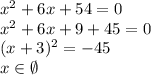 x^2+6x+54=0\\&#10;x^2+6x+9+45=0\\&#10;(x+3)^2=-45\\&#10;x\in \emptyset&#10;