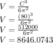 V=\frac{C^3}{6\pi^2}\\V=\frac{(80)^3}{6\pi^2}\\V=\frac{512000}{6\pi^2}\\V=8646.0743