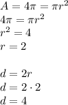 A=4\pi=\pi r^2\\&#10;4\pi=\pi r^2\\&#10;r^2=4\\&#10;r=2\\\\&#10;d=2r\\&#10;d=2\cdot2\\&#10;d=4
