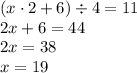 (x\cdot 2+6)\div4=11\\&#10;2x+6=44\\&#10;2x=38\\&#10;x=19