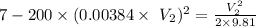 7-200\times(0.00384\times\ V_2)^2=\frac{V_2^2}{2\times9.81}