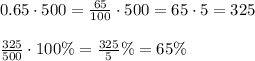 0.65\cdot500= \frac{65}{100} \cdot500=65\cdot5=325\\\\ \frac{325}{500} \cdot100\%= \frac{325}{5} \%=65\%