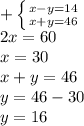 +\left \{ {{x-y=14} \atop {x+y=46}} \right. \\&#10;2x=60\\&#10;x=30\\&#10;x+y=46\\&#10;y=46-30\\&#10;y=16