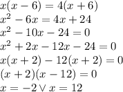 x(x-6)=4(x+6)\\&#10;x^2-6x=4x+24\\&#10;x^2-10x-24=0\\&#10;x^2+2x-12x-24=0\\&#10;x(x+2)-12(x+2)=0\\&#10;(x+2)(x-12)=0\\&#10;x=-2 \vee x=12