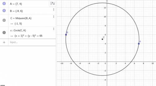 Find the center-radius form for the circle having the endpoints left parenthesis 7 comma 4 right par