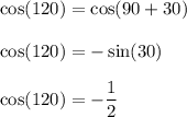 \cos (120)=\cos (90+30)\\\\\cos (120)=-\sin (30)\\\\\cos (120)=-\dfrac{1}{2}
