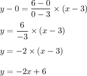 y-0=\dfrac{6-0}{0-3}\times (x-3)\\\\y=\dfrac{6}{-3}\times (x-3)\\\\y=-2\times (x-3)\\\\y=-2x+6