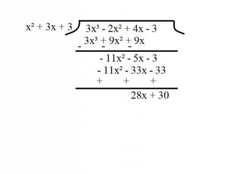 What is the remainder when (3x3 – 2x2 4x – 3) is divided by (x2 3x 3)?  30 3x – 11 28x – 36 28x 30