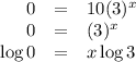 \begin{array}{rcl}0 & = & 10(3)^{x}\\0 & = & (3)^{x}\\\log 0 & = & x \log 3\\\end{array}