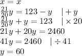 x=x \\&#10;\frac{21}{20}y=123-y \ \ \ |+y \\&#10;\frac{21}{20}y+y=123 \ \ \ |\times 20 \\&#10;21y+20y=2460 \\&#10;41y=2460 \ \ \ |\div 41 \\&#10;y=60