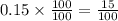 0.15\times \frac{100}{100}=\frac{15}{100}