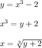 y={ x }^{ 3 }-2\\ \\ { x }^{ 3 }=y+2\\ \\ x=\sqrt [ 3 ]{ y+2 }
