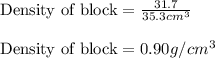 \text{Density of block}=\frac{31.7}{35.3cm^3}\\\\\text{Density of block}=0.90g/cm^3
