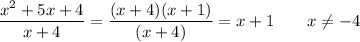\dfrac{x^2+5x+4}{x+4}=\dfrac{(x+4)(x+1)}{(x+4)}=x+1 \qquad\text{$x\ne -4$}