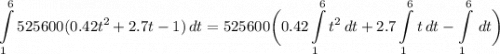 \displaystyle \int\limits^{6}_{1} {525600(0.42t^2 + 2.7t - 1)} \, dt = 525600 \bigg( 0.42\int\limits^{6}_{1} {t^2} \, dt + 2.7\int\limits^{6}_{1} {t} \, dt - \int\limits^{6}_{1} {} \, dt \bigg)