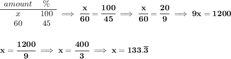 \bf \begin{array}{ccll} amount&\%\\ \cline{1-2} x&100\\ 60&45 \end{array}\implies \cfrac{x}{60}=\cfrac{100}{45}\implies \cfrac{x}{60}=\cfrac{20}{9}\implies 9x=1200 \\\\\\ x=\cfrac{1200}{9}\implies x = \cfrac{400}{3}\implies x = 133.\overline{3}