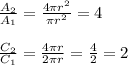 \frac{A_2}{A_1}=\frac{4 \pi r^2}{\pi r^2}=4 \\ \\&#10;\frac{C_2}{C_1}=\frac{4 \pi r}{2 \pi r}=\frac{4}{2}=2