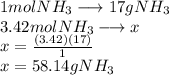 1 mol NH_3 \longrightarrow 17 g NH_3\\3.42 mol NH_3 \longrightarrow x\\x = \frac{(3.42)(17)}{1} \\x= 58.14 g NH_3