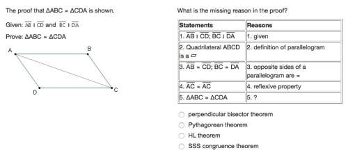 The proof that δabc ≅ δcda is shown. given: ∥ and ∥ prove: δabc ≅ δcda what is the missing reason
