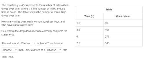 Quickly! the equation y = 43x represents the number of miles alicia drives over time, where y is th