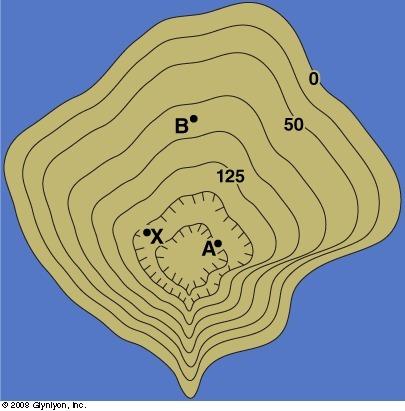 Examine this map to you respond to the question: what is the most likely elevation of point x? 90