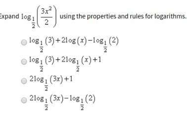 30 ! expand log(1/2)(3x^2/2) using properties and rules for logarithms.