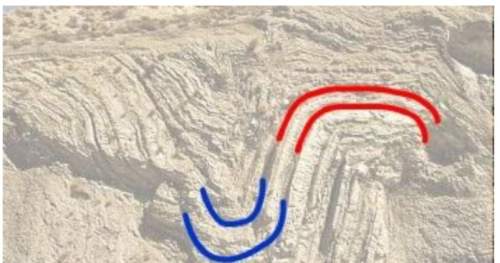 In this photograph what rock formation is presented by the blue lines? a. synclineb. jointc. anticli