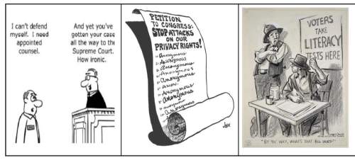 Above are three political cartoons dealing with violations of civil liberties. for each of the three