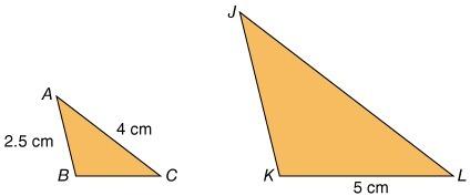 The triangles are isosceles and δabc : δjkl. what is the length of jl? 5 cm 7.5 cm 8 cm 10 cm