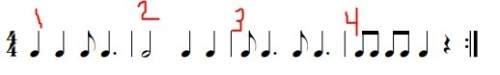 Which measures have the dotted quarter note and single eighth note so that they sound like syncopati