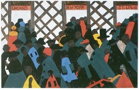 The image below was painted in 1940: a painting shows several african americans walking through do