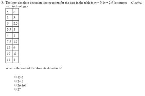 The least absolute deviation line equation for the data in the table is m = 0.1x + 2.9 what is the s