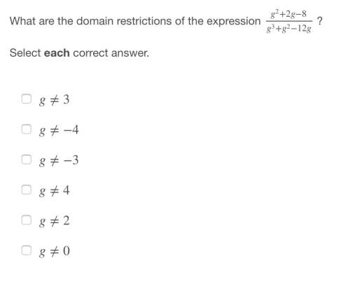5! what are the domain restrictions of the expression g^2+2g−8/g^3+g^2−12g ? select each correct a