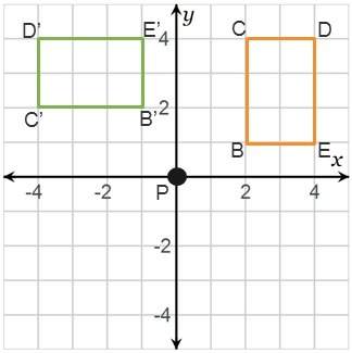 In the graph, rectangle bcde is rotated to form rectangle b’c’d’e’. use the diagram to complete the