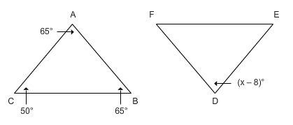 Question 3 triangle abc and def are congruent. find x. 45 50 58 73