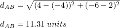 d_{AB}=\sqrt{(4-(-4))^2+(-6-2)^2}\\\\d_{AB}=11.31\ units