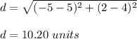d=\sqrt{(-5-5)^2+(2-4)^2}\\\\d=10.20\ units