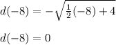 d(-8) = -\sqrt{\frac{1}{2}(-8)+4 }\\\\d(-8) = 0