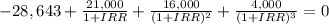 -28,643 + \frac{21,000}{1+IRR} + \frac{16,000}{(1+IRR)^{2}}+ \frac{4,000}{(1+IRR)^{3} } = 0