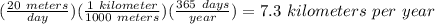 (\frac{20\ meters}{day})(\frac{1\ kilometer}{1000\ meters})(\frac{365\ days}{year})=7.3\ kilometers\ per\ year