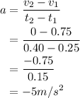 \begin{aligned}a&= \frac{{{v_2} - {v_1}}}{{{t_2} - {t_1}}}\\&= \frac{{0 - 0.75}}{{0.40 - 0.25}}\\&= \frac{{ - 0.75}}{{0.15}} \\ &= - 5m/{s^2} \\\end{aligned}